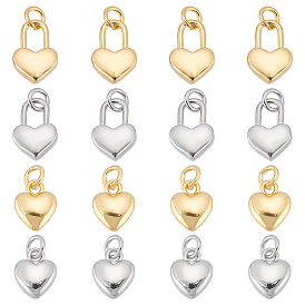 SUPERFINDINGS 16Pcs 4 Style Rack Plating Real 18K Gold Plated Brass Pendants, with Jump Rings, Long-Lasting Plated, Lead Free & Cadmium Free, Heart Lock