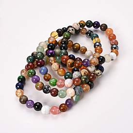 Эластичные браслеты из смешанных натуральных и синтетических камней, , круглые