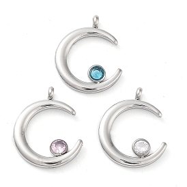 304 Stainless Steel Pendants, with Rhinestone, Stainless Steel Color, Double Horn/Crescent Moon Charm