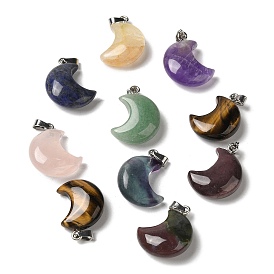 Natural Gemstone Pendants, Crescent Moon Charms with 201 Stainless Steel Snap on Bails, Stainless Steel Color