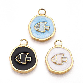 304 подвески из нержавеющей стали, с эмалью, плоский круглый с рыбными чарами, ионное покрытие (ip)