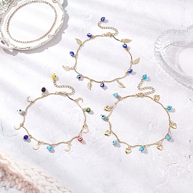 3 шт. 3 стили ручной работы, лэмпворк от сглаза и кисточка из нержавеющей стали в форме луны, сердца и листьев 304 браслеты на ногу из изогнутой цепочки из нержавеющей стали для женщин, золотые