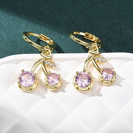 Серьги-подвески из вишневой латуни с микропаве из кубического циркония., стойки покрытие, долговечный, без свинца и без кадмия