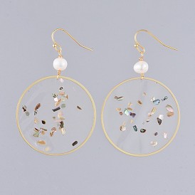 Dangle Earrings, with Epoxy Resin, Shell, Natural Pearl, Alloy Findings and Brass Earring Hooks, Flat Round