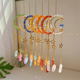 Wire Wrapped Glass & Metal Moon Window Hanging Suncatchers, with Alloy Finding and Natural Crystal Quartz, for Garden Pendant Decorations
