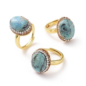 Adjustable Natural Apatite Oval Ring with Rhinestone, Golden Brass Wide Ring for Women