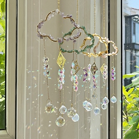 Alloy Cloud with Natural Mixed Gemstone Chips Beaded Hanging Pendant Decorations, Glass Beaded Suncatchers for Party Window, Wall Display Decorations