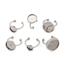 304 Stainless Steel Open Cuff Ring Components, with 201 Stainless Steel Flat Round Pad Rings Settings