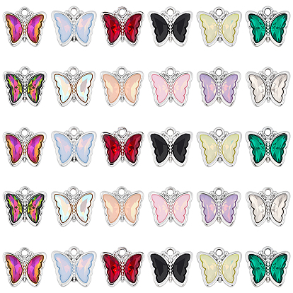 30 шт. Стеклянные подвески, бабочка, со сплавочной фурнитурой, серебряные