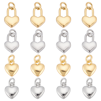 16 piezas 4 estilo rack chapado real 18 k colgantes de latón chapado en oro, con anillos de salto, larga duración plateado, sin plomo y el cadmio, cerradura del corazón