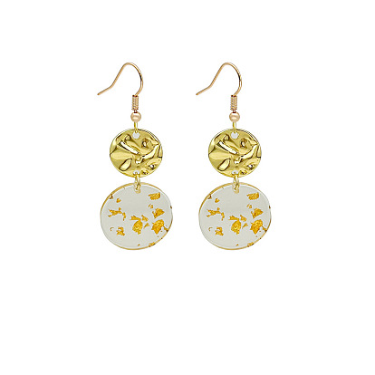 Vintage Chinese Style Long Earrings with Gold Foil Acrylic Discs and Irregular Metal Pendants
