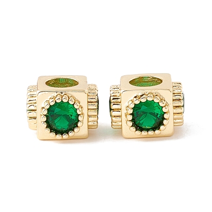 Rack Plating Brass Micro Pave Cubic Zirconia European Beads, Large Hole Beads, Long-Lasting Plated, Cadmium Free & Lead Free, Cube