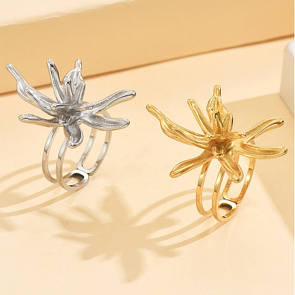 304 Stainless Steel Cuff Open Rings, Flower, Statement Rings