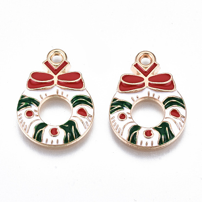 Eco-Friendly Alloy Enamel Pendants, Cadmium Free & Lead Free & Nickel Free, Christmas Wreath with Bowknot, Light Gold