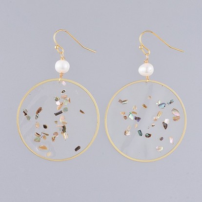 Dangle Earrings, with Epoxy Resin, Shell, Natural Pearl, Alloy Findings and Brass Earring Hooks, Flat Round
