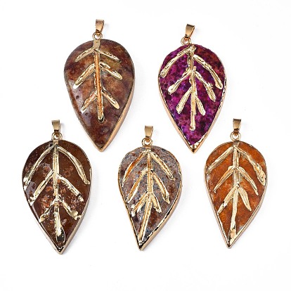 Natural Agate Big Pendants, with Light Gold Plated Iron Findings, Dyed & Heated, Leaf