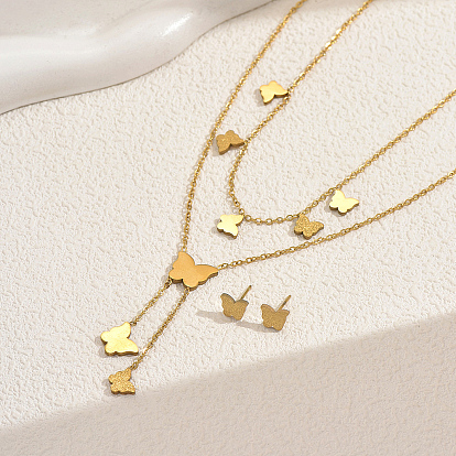 Комплект из двухслойного ожерелья и серег-гвоздиков из нержавеющей стали во французском стиле для женщин