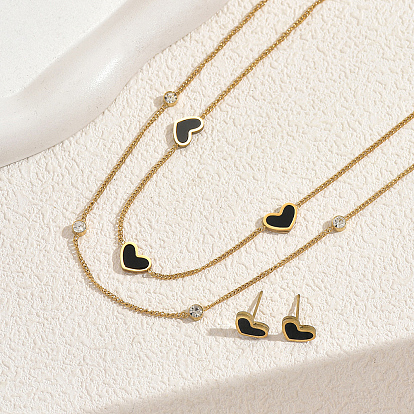 Комплект из двухслойного ожерелья и серег-гвоздиков в корейском стиле из нержавеющей стали в форме сердца, с четким кубического циркония