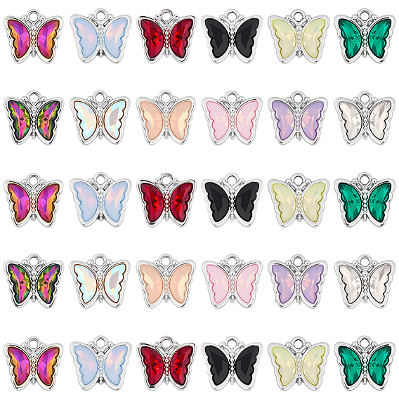 30 шт. Стеклянные подвески, бабочка, со сплавочной фурнитурой, серебряные
