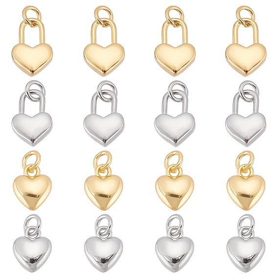 16 Stück 4 Stil Rack-Beschichtung echt 18 K vergoldet Messing Anhänger, mit Ringe springen, langlebig überzogen, Bleifrei und cadmium frei, Herz-Sperre
