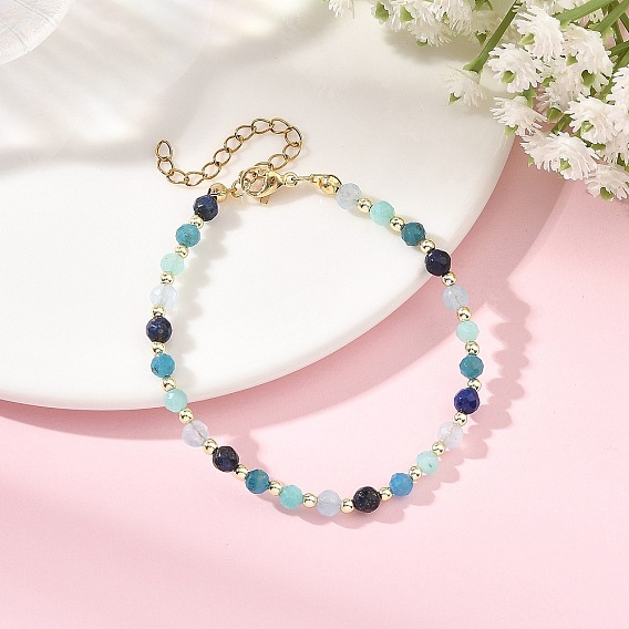 Браслеты из граненых круглых бусин из натурального амазонита, окрашенного лазурита, окрашенного белого нефрита и апатита., синие