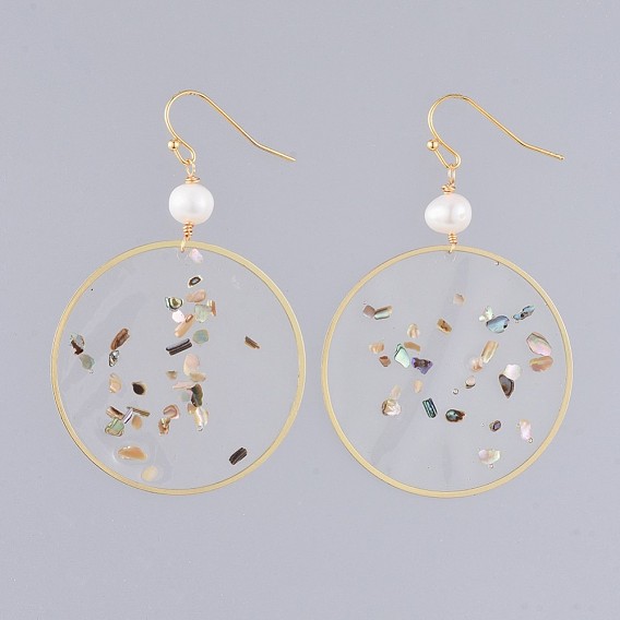 Dangle Earrings, with Epoxy Resin, Shell, Natural Pearl, Alloy Findings and Brass Earring Hooks, Flat Round