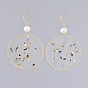 Dangle Earrings, with Epoxy Resin, Shell, Natural Pearl, Alloy Findings and Brass Earring Hooks, Flat Round