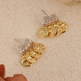 Женские серьги-подвески из латуни с микропаве и прозрачными кубическими циркониями., плоско-круглые