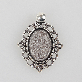 Tibetan Style Alloy Pendant Cabochon Settings, Cadmium Free & Lead Free, Oval, Tray: 13x18mm, 33x24x2mm, Hole: 4mm, about 340pcs/kg