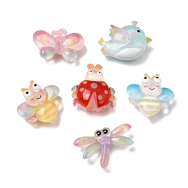 Transparent Resin & Glitter Powder Cabochons, Dragonfly & Bee & Bird & Ladybug & Butterfly