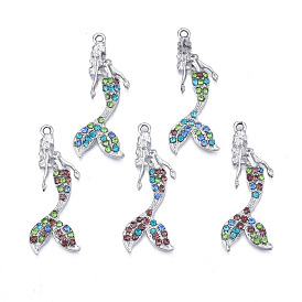 Alloy Pendants, with Rhinestone, Cadmium Free & Lead Free, Mermaid, Platinum