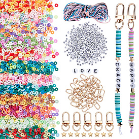 DIY Jewelry Keychain Making Kits, Including Handmade Polymer Clay Beads, Acrylic Horizontal Hole Letter Beads, CCB Plastic Beads, Alloy Swivel Clasps and Nylon Thread