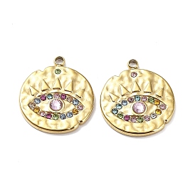 Ion Plating(IP) 304 Stainless Steel Pendants, with Colorful Rhinestone, Flat Round with Eye Charm