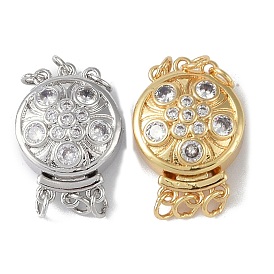 Rack Plating Brass Micro Pave Clear Cubic Zirconia Box Clasps, 3-Strand, 6-Hole, Flat Round with Flower Pattern
