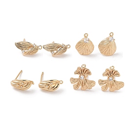 Brass with Clear Cubic Zirconia Stud Earring Findings, Leaf