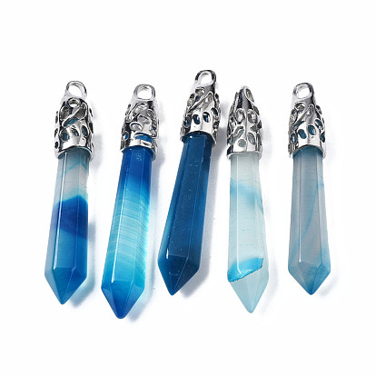 Natural Dragon Veins Agate Big Pointed Pendants, with Alloy Findings, Bullet, Dyed, Platinum