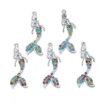 Alloy Pendants, with Rhinestone, Cadmium Free & Lead Free, Mermaid, Platinum