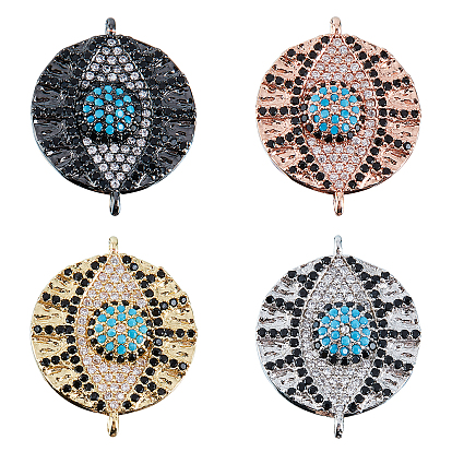 4Pcs 4 colors Brass Micro Pave Cubic Zirconia Links/Connectors, Flat Round with Evil Eye, Colorful