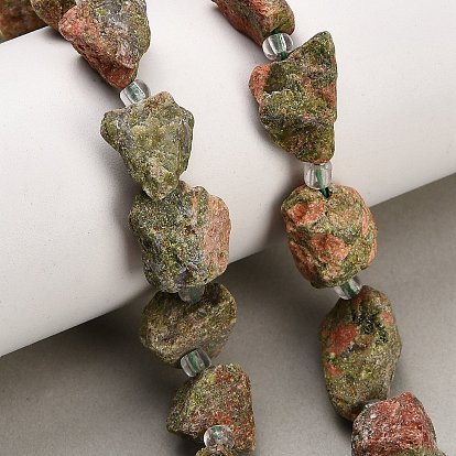 Natural Unakite Beads Strands, Raw Rough, Nuggets, with Seed Beads