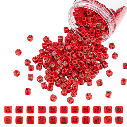 Constellation/Zodiac Sign Opaque Acrylic European Beads, Large Hole Cube Beads
