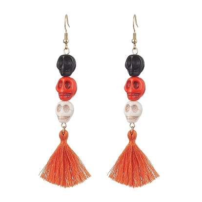 Halloween Skull Synthetic Dyed Turquoise Dangle Earrings, Handmade Polycotton(Polyester Cotton) Tassel Earrings for Women