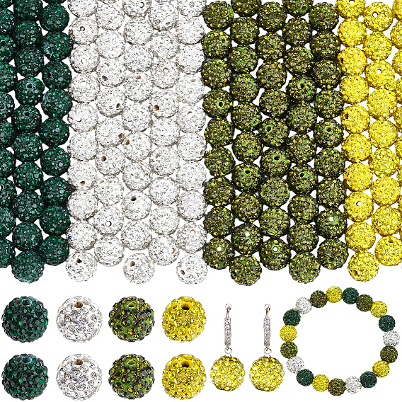 200Pcs 4 Colors Pave Disco Ball Beads, Polymer Clay Rhinestone Beads, Grade A, Round,