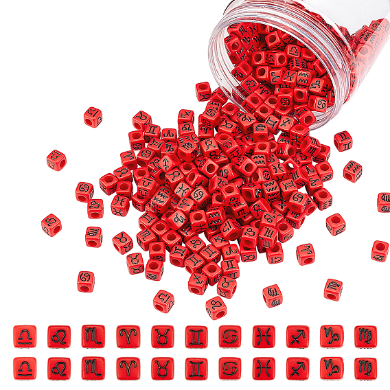 Constellation/Zodiac Sign Opaque Acrylic European Beads, Large Hole Cube Beads