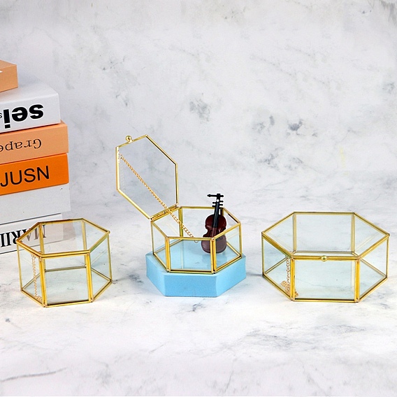Шестиугольный прозрачный стеклянный ящик для хранения с латунной рамой