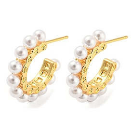 Brass Ring Stud Earrings with Plastic Pearl Beaded, Half Hoop Earrings, Long-Lasting Plated, Cadmium Free & Lead Free
