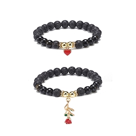 2Pcs 2 Style Style Natural Lava Rock & Golden Sheen Obsidian & Synthetic Hematite Stretch Bracelets Set, Alloy Enamel Rose & Heart Charms Bracelets for Women