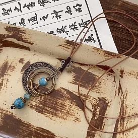 Colgante de luna de porcelana y aleación hecho a mano, collar largo ajustable con cordón encerado para mujer., cielo azul profundo
