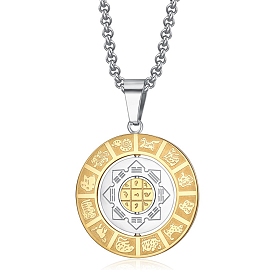 Stainless Steel Rotating Pendant Necklaces for Women Men, Flat Round with 12 Chinese Zodiac Signs