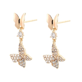 Clear Cubic Zirconia Double Butterfly Dangle Stud Earrings, Ion Plating(IP) Brass Jewelry for Women, Nickel Free
