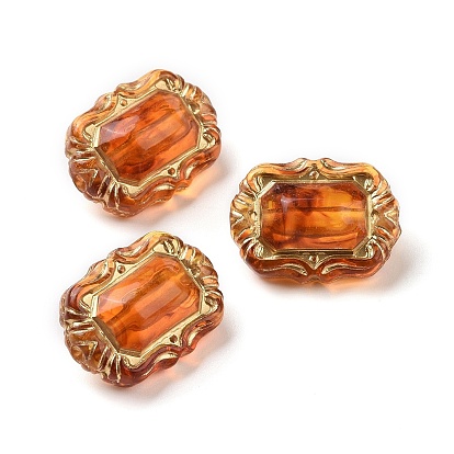 Acrylic Beads, Imitation Amber, Golden Metal Enlaced, Rectangle